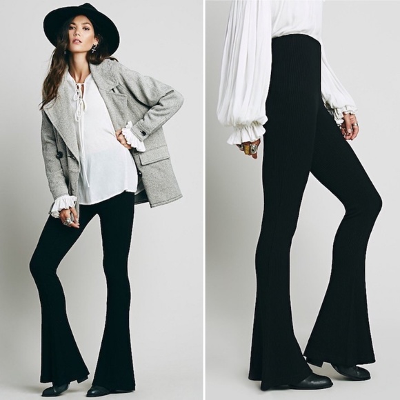 black ribbed flare trousers